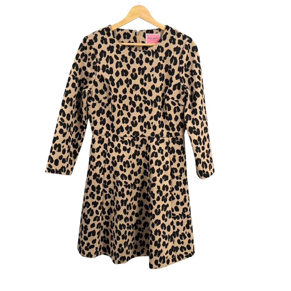 Kate Spade Leopard Print Dress Size 8 Tan Black‎ Metallic Shimmer Fit & Flare